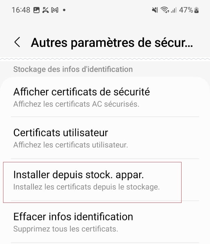 Installer depuis le stockage de l’appareil