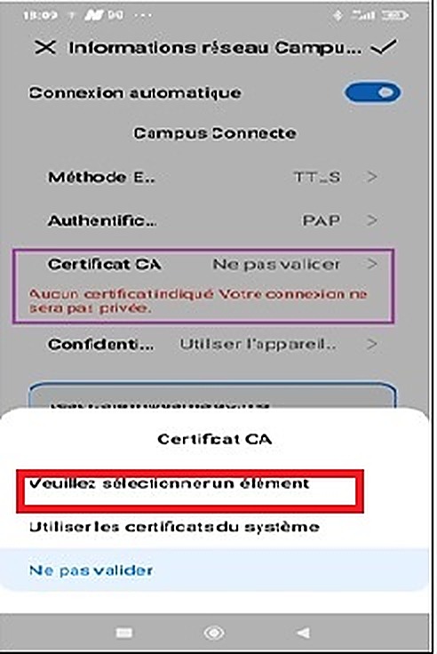 Certificat CA : choisir Campus connecte