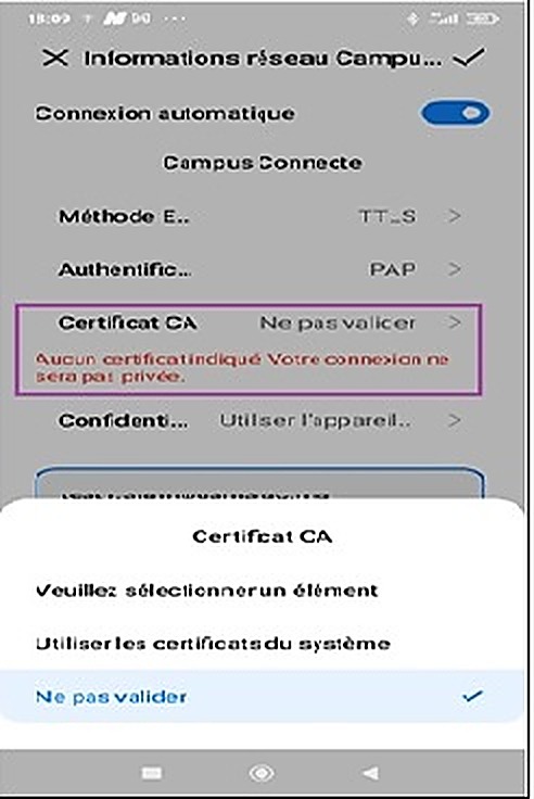 Liste du champ Certificat CA